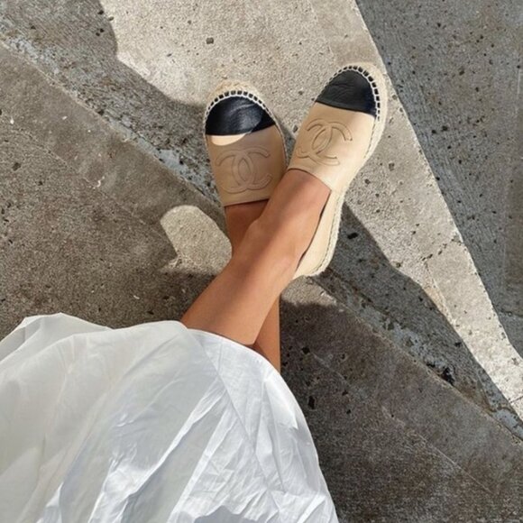 Chanel Beige/Black Lambskin Espadrilles - Picture 1 of 8